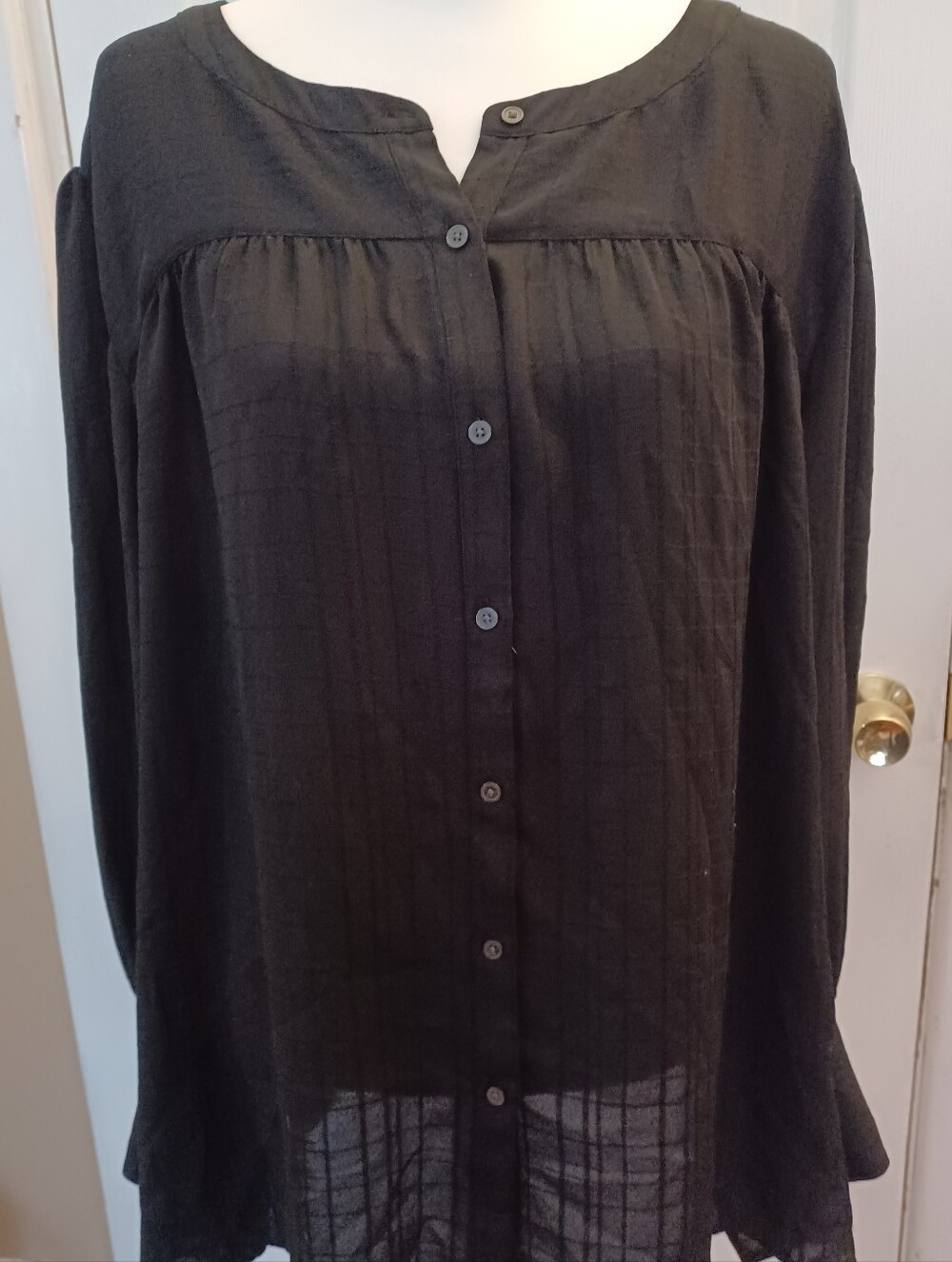 LOFT Plus Black Button-Front Gauzy Textured Stitch Peasant Blouse